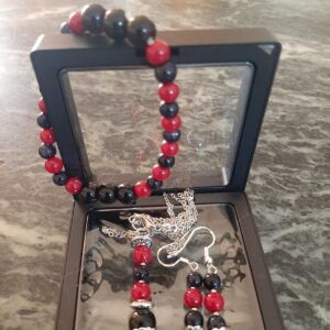 Obsidian & Red Coral Jewelry Set with 925 Silver